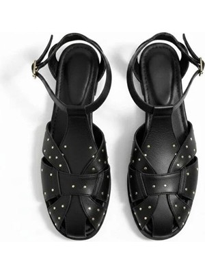 Ne&Ve Shoes Siyah Deri Kare Burunlu Pim Detaylı Kadın Günlük Sandalet