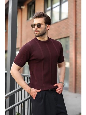 Madmext Mürdüm Regular Fit Bisiklet Yaka Fitilli Triko Erkek Tişört E7490