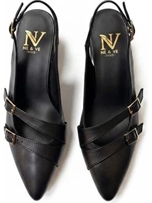 Ne&Ve Shoes Siyah Deri Üç Tokalı Kadın Sivri Burun Kalın Topuklu  Ayakkabı