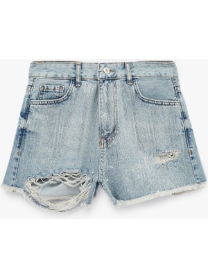 Koton Yüksek Bel Yıpratma Detaylı Taşlı Mini Denim Şort
