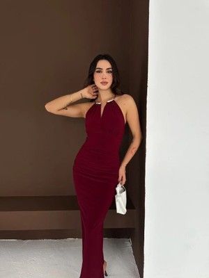 Meks Uzun Abiye Elbise Yırtmaçlı Sırt Dekolteli Şık Gece Elbisesi - Bordo