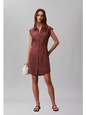 Calvin Klein Kadın Normal Kalıp Polo Yaka Kolsuz Keten Kısa Kahverengi Elbise LV044F015G-41J
