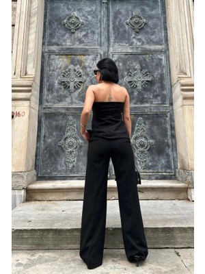 Meks Siyah Straplez Düğmeli Crop ve Pantolon Takım