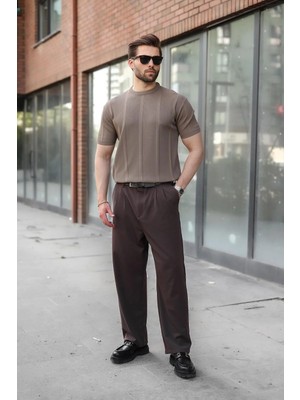 Madmext Açık Kahverengi Regular Fit Bisiklet Yaka Fitilli Triko Erkek Tişört E7490