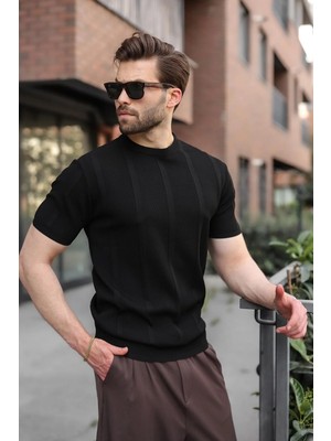 Madmext Siyah Regular Fit Bisiklet Yaka Fitilli Triko Erkek Tişört E7490