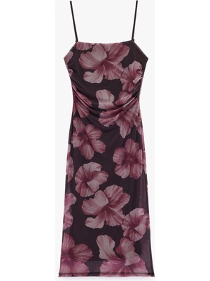 Koton Kare Yaka Çiçek Desenli Askılı Midi Tül Bodycon Elbise