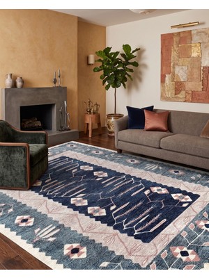 Pera Halı Geometrik Botanik Desenli Lacivert ve Pudra Pembe Etnik Halı - AR862CN