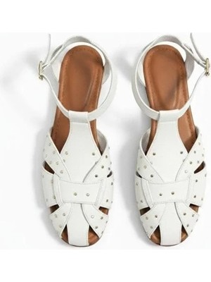 Ne&Ve Shoes Beyaz Mat Deri Kare Burunlu Pim Detaylı Kadın Günlük Sandalet