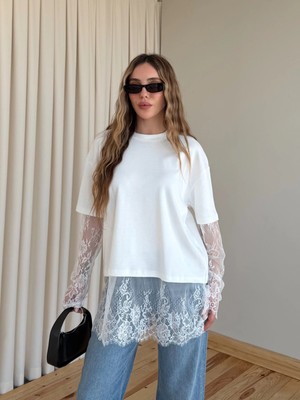 Laluvia Açık Ekru Eteği Kolları Dantel Tshirt - 261031