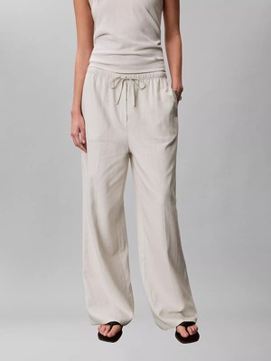 Calvin Klein Kadın Rahat Kalıp Beli Lastikli Geniş Paçalı Keten Beyaz Pantolon LV047F631G-67U