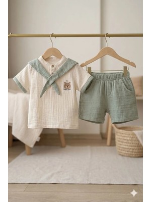 WisteriA Efemkids 6/24 Ay Erkek Bebek Takım Ayıcık Nakışlı Müslin 2 Li Takım
