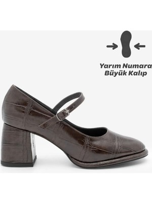 Marjin Kadın Loafer İnce Bantlı Kalın Topuklu Günlük Ayakkabı Vikas Kahve Croco