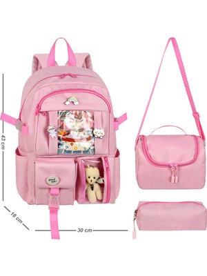 Barberri Kawaii Kore Tarzı Okul Çantası Aksesuarlı Kız Çocuk ve Erkek Çocuk Birinci Kalite Full Astarlı Oyuncak Aksesuarlı 3lü Set Kore Style Sırt Çantası + Beslenme Çantası + Kalemlik Çantası