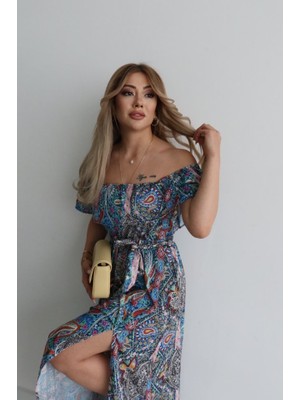 Meks Kadın Kısa Kollu Madonna Yaka Fırfırlı Belden Yırtmaçlı Maksi Süprem Elbise