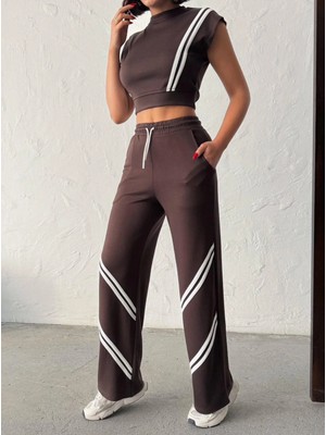 Trend Butik Burada Kadın Şerit Detaylı Crop Top ve Yüksek Bel Bol Paça Pantolon Ikili Takım