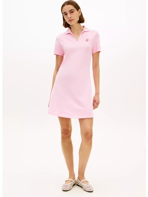 Tommy Hilfiger Kadın Normal Kalıp Polo Yaka Logo Işlemeli Kısa Kollu Pembe Elbise WW0WW48749-TOL