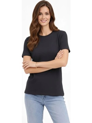 Meks Bisiklet Yaka Tişört Regular Kalıp Basic Pamuklu Günlük Kullanım T-Shirt - Füme