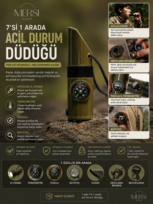Mersi Shop 7’si 1 Arada Acil Durum Düdüğü Pusulalı Kamp ve Outdoor Hayatta Kalma Seti