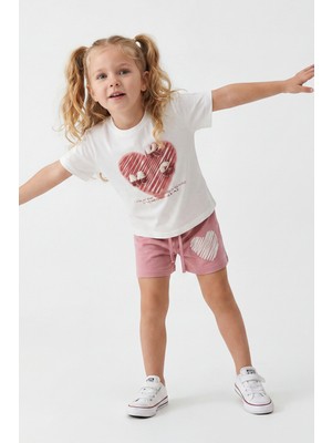 Joy Kids Kız Çocuk Süzene Nakış Detaylı Gündelik Penye Takım (2-5yaş) (Ekru-Pembe)