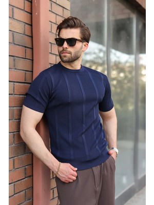 Madmext Lacivert Regular Fit Bisiklet Yaka Fitilli Triko Erkek Tişört E7490