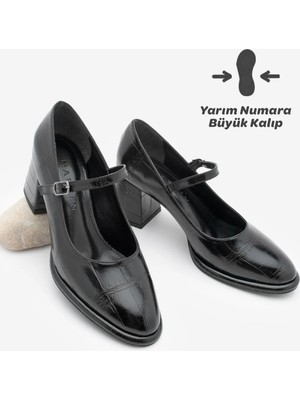 Marjin Kadın Loafer İnce Bantlı Kalın Topuklu Günlük Ayakkabı Vikas Siyah Croco