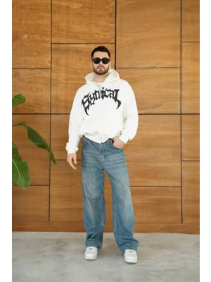 Meks Erkek Kapüşonlu Sweatshirt Hoodie 3 Iplik Şardonlu Pamuklu Kumaş, Önü Baskılı, Fermuarlı Rahat Kalıp, Kışlık ve Sokak Stili Sweat - Beyaz