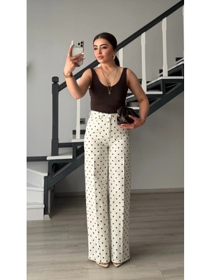 Elisin Ekru-Kahve Puantiyeli Wide Leg Jean