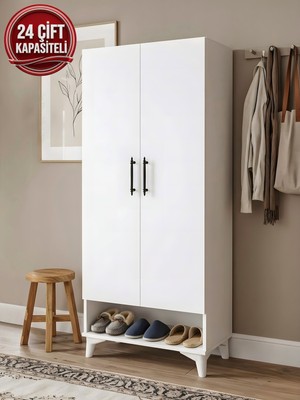 Asude Home Ayakkabılık, 8 Raflı 2 Kapaklı Beyaz Ayakkabılık, 24 Çift Ayakkabı Kapasiteli, Çok Amaçlı Dolap, Ayaklı Dolap, Kiler, Erzak Dolabı