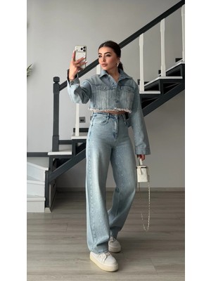 Elisin Açık Mavi Taşlı Wide Leg Jean