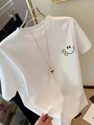 Meks Baskılı Oversize Bisiklet Yaka T-Shirt - Beyaz