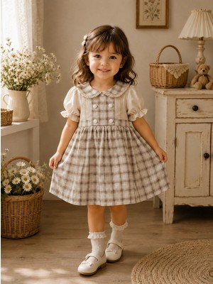 My Lusa Baby Kız Çocuk ve Bebe Vintage Ekoseli %100 Pamuklu Dantel Yakalı Elbise