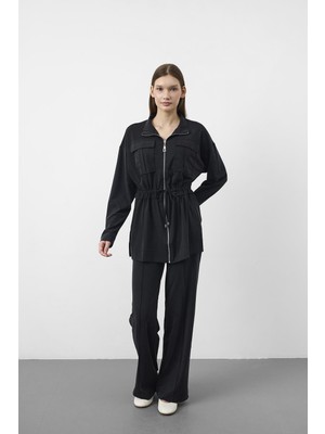 Basic Park Siyah Tencel Akışkan Doku Beli Ayarlanabilir Ön Dikişli Ceket Pantolon Takım