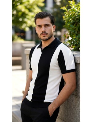 Meks Erkek Kısa Kollu Polo Yakalı Blok Desenli Triko Bluz