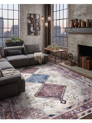 Pera Halı Eskitme Geometrik Madalyon Desenli Krem, Bordo ve Lacivert Etnik Halı - AR863TT