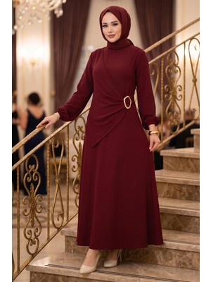 Hafsa Mina Yandan Tokalı Ayrobin Elbise Bordo HM2914