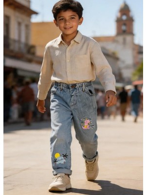 Kaizer Jeans Buz Mavi Dinazor Desenli Çocuk Pantolonu