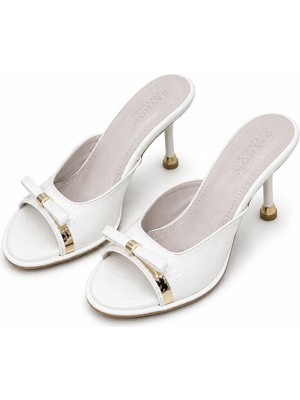 Patron Shoes Kadın Rugan Ince Topuklu Terlik Gold Detaylı Şık Abiye Terlik