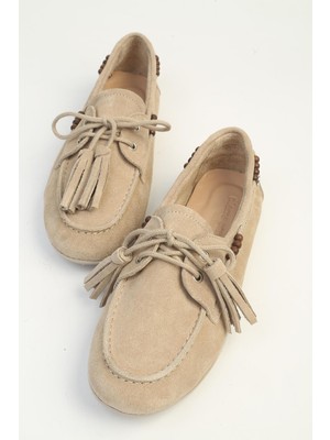 Benetton Bej Süet Boncuk Detaylı Bağcıklı Kadın Loafer Ayakkabı