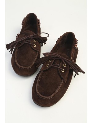 Benetton Kahve Süet Boncuk Detaylı Bağcıklı Kadın Loafer Ayakkabı