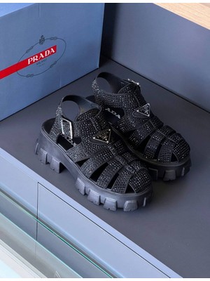 Evlium Prada Model Taşlı Kadın Sandalet - Kalın Tırtıklı Tabanlı Yazlık Ayakkabı
