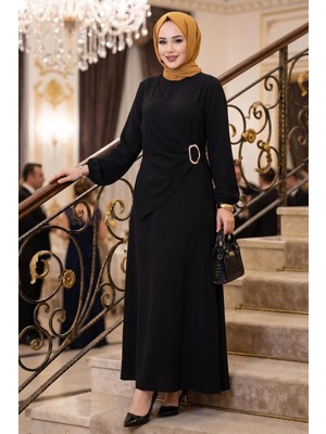 Hafsa Mina Yandan Tokalı Ayrobin Elbise Siyah HM2914