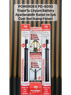 Powerdex PD-8000 Tripodlu Kamp Feneri Şarjlı LED Işıldak Ayarlanabilir Kanatlı Kamp Lambası Lityum Bataryalı