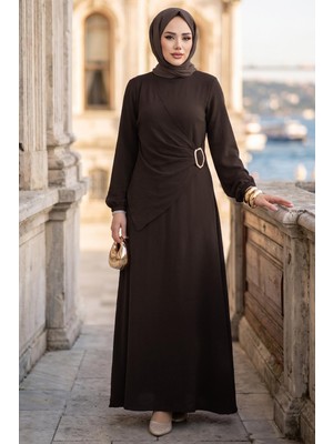 Hafsa Mina Yandan Tokalı Ayrobin Elbise Acı Kahve HM2914
