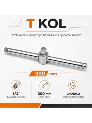 Badem10 T Kol 1/2 300 mm Lokma Kolu Profesyonel Tamir Anahtarı Dayanıklı Krom Vanadyum Çelik El Aleti