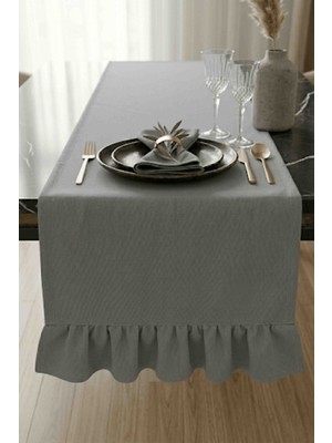 Luvis Home Nordic Ruffle - Modern Soğuk Gri Pamuklu Fırfırlı Runner Masa Örtüsü - 40X140 cm