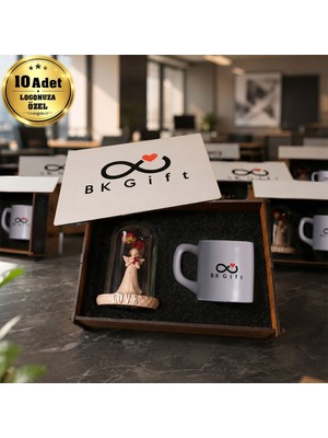 BK Gift Logonuza Özel 10 Adet Kutulu Bej Fincan ve Aşk Perisi Fanus Seti – Ahşap Kutulu Kurumsal Hediye Seti