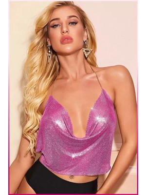 Pileli Store Parlak Fuşya Zırh Bustiyer, Zarif Parlak Crop