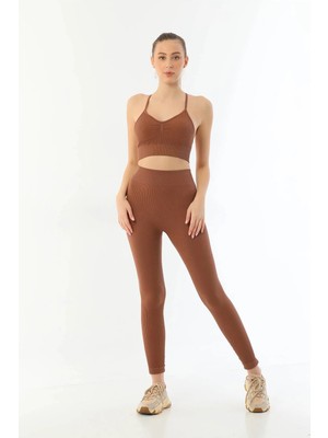 Nemere Angel Kahve Mı Emay 3921 Soft Seamless Ripli Tayt Yoga Takımı