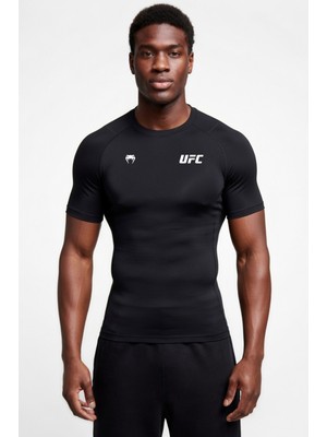 Flex Premium Ufc Beyaz Logo Siyah Kısa Kol Compression Erkek T-Shirt Spor Gym Fitness Boks Kickboks