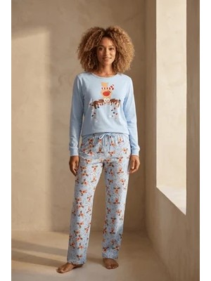 Bony Socks Kadın Sweet Dreams Kutulu Geyik Desenli Mavi Pijama Takımı